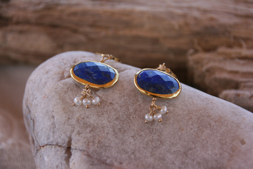 Lot - 14kt Yellow Gold Lapis Lazuli & Diamond Dangle Earrings